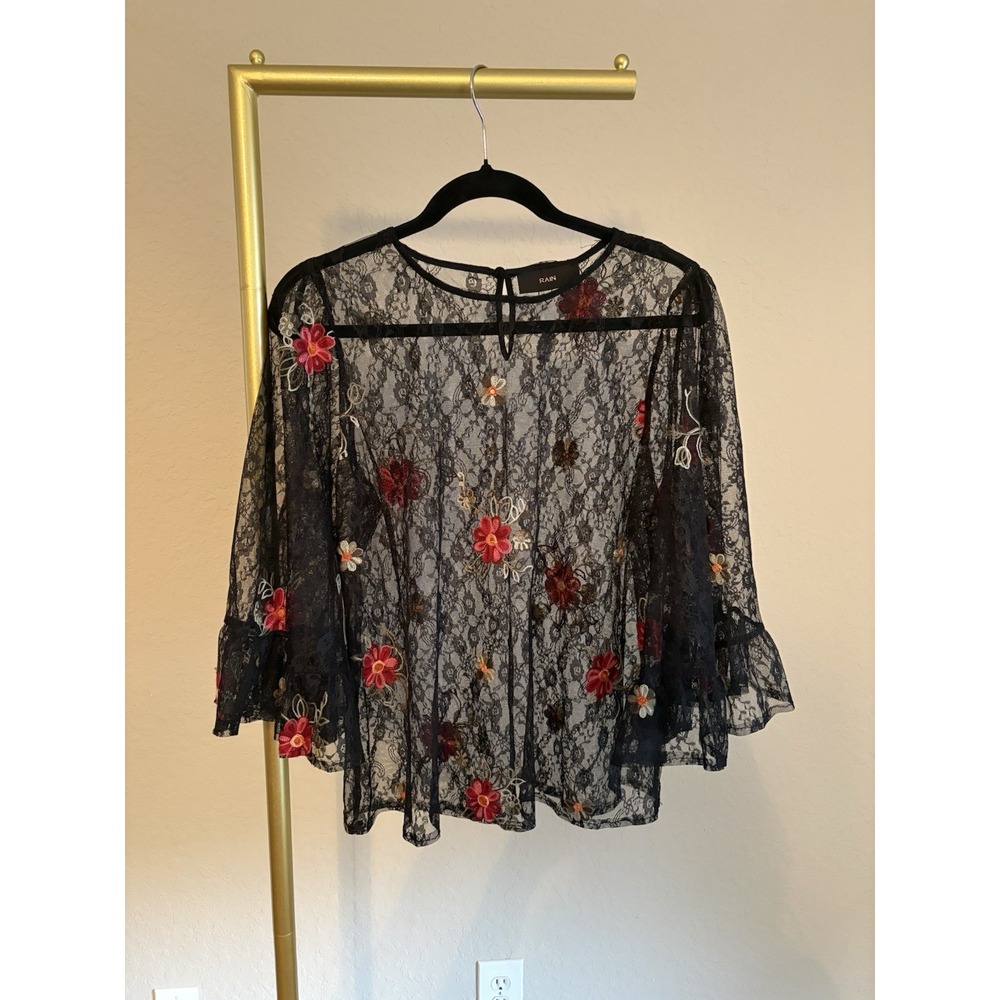 Women's Mesh Floral Bell Sleeve Sheer Top Size M Whimsigoth Y2K Witchy Festival